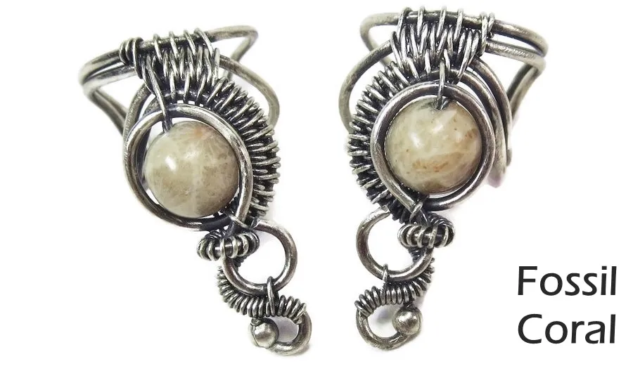 Custom Gemstone and Sterling Silver Woven Wire Ear Cuff; "Woven Bezel" Model