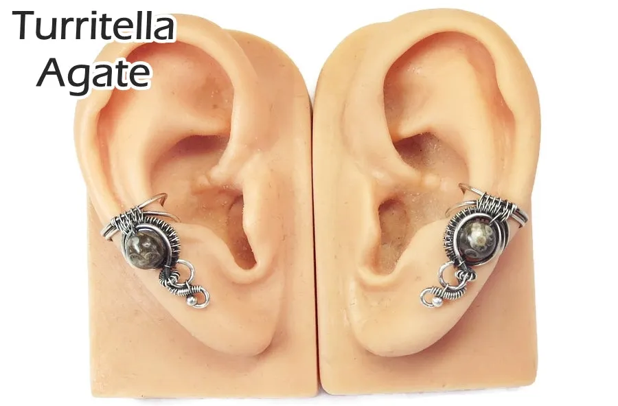 Custom Gemstone and Sterling Silver Woven Wire Ear Cuff; "Woven Bezel" Model