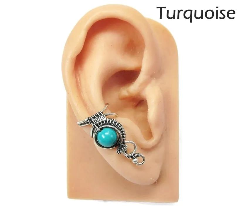 Custom Gemstone and Sterling Silver Woven Wire Ear Cuff; "Woven Bezel" Model