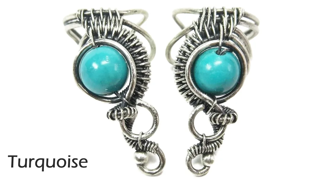 Custom Gemstone and Sterling Silver Woven Wire Ear Cuff; "Woven Bezel" Model