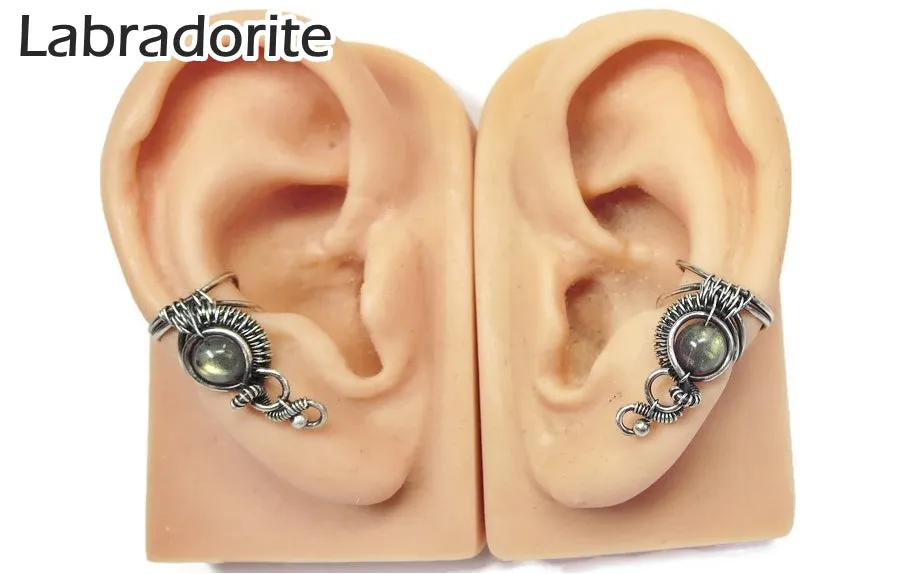 Custom Gemstone and Sterling Silver Woven Wire Ear Cuff; "Woven Bezel" Model