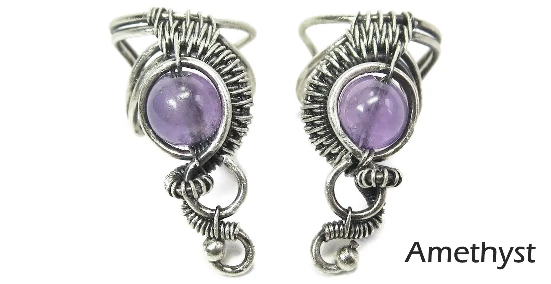 Custom Gemstone and Sterling Silver Woven Wire Ear Cuff; "Woven Bezel" Model
