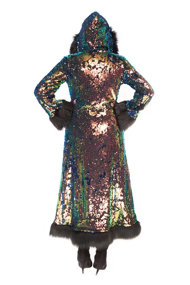 Deluxe Tamo Coat: Deep Sea Sequin   Black Faux Fur Trim