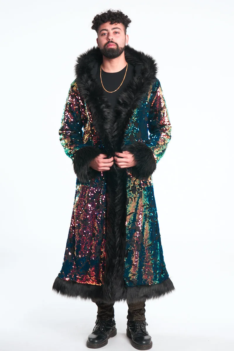 Deluxe Tamo Coat: Deep Sea Sequin   Black Faux Fur Trim