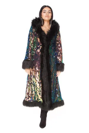 Deluxe Tamo Coat: Deep Sea Sequin   Black Faux Fur Trim