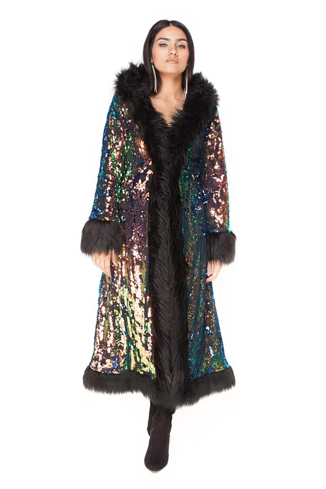 Deluxe Tamo Coat: Deep Sea Sequin   Black Faux Fur Trim