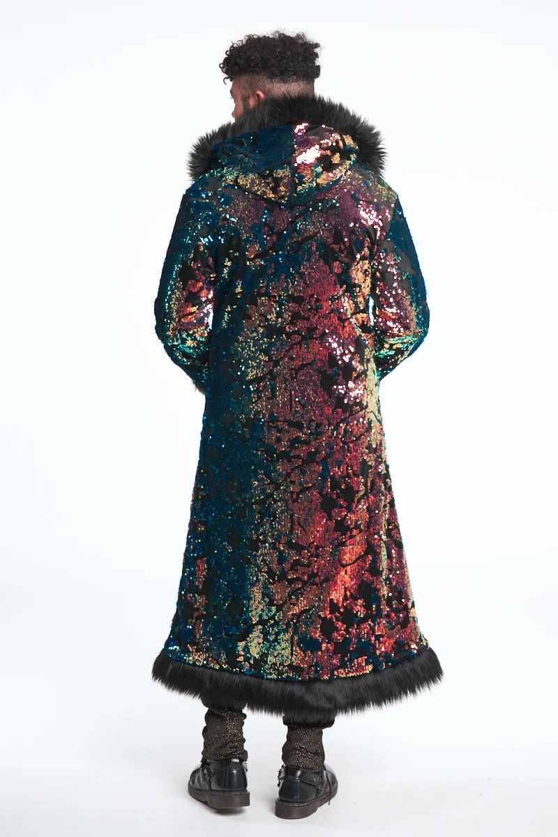 Deluxe Tamo Coat: Deep Sea Sequin   Black Faux Fur Trim