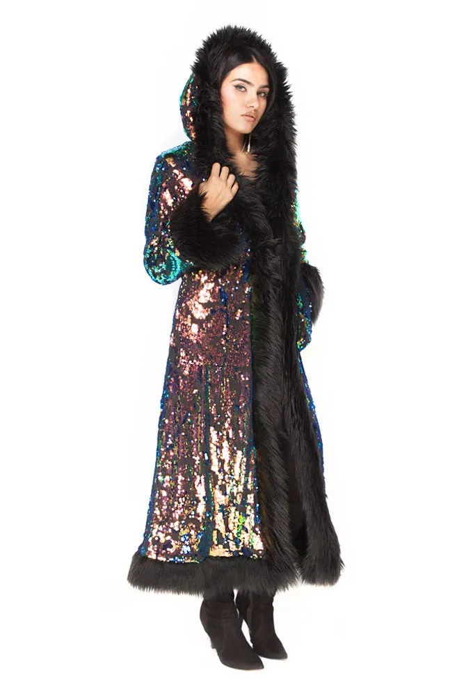 Deluxe Tamo Coat: Deep Sea Sequin   Black Faux Fur Trim