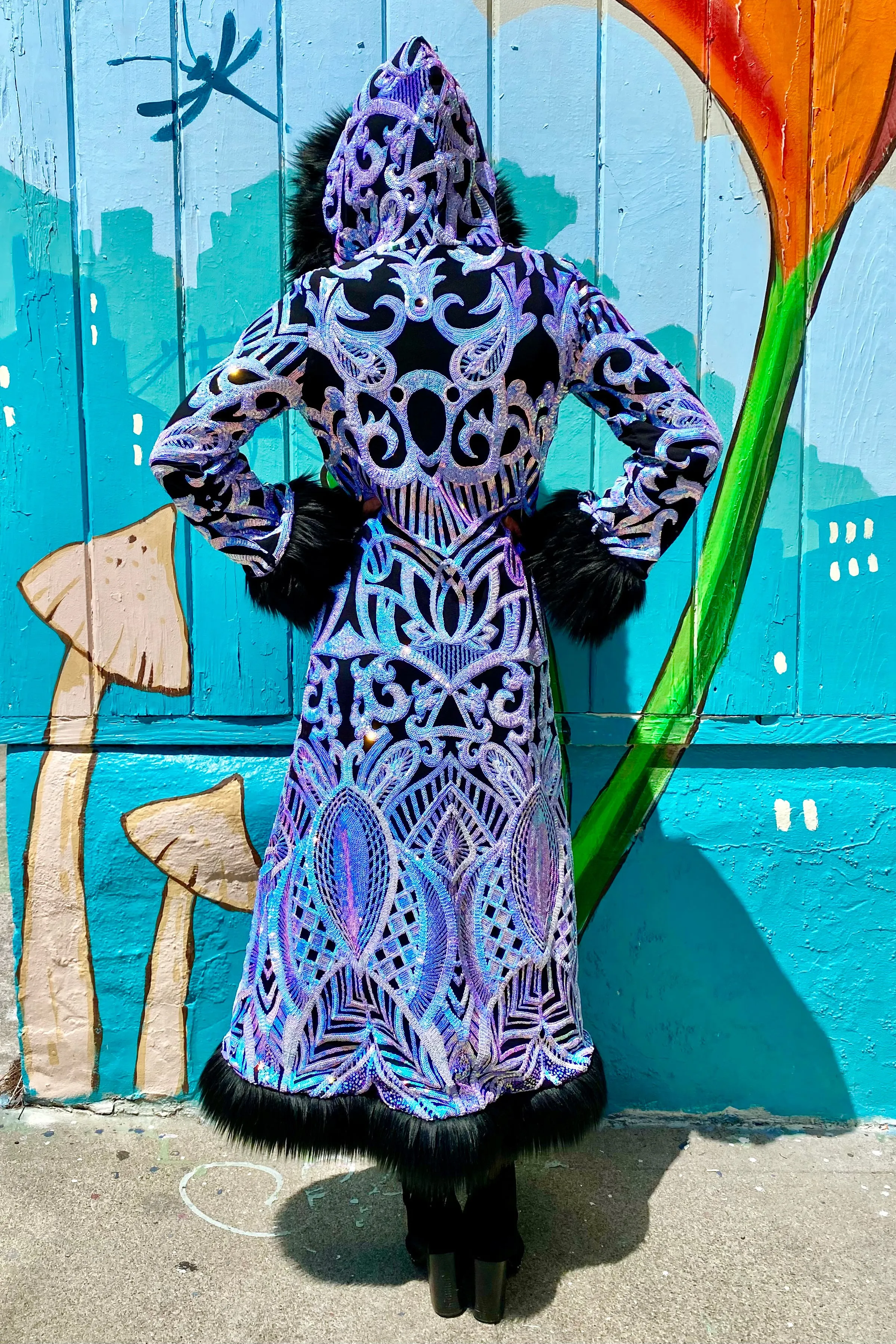 Deluxe Tamo Coat: Magic Nouveau Sequin   Black Faux Fur Trim