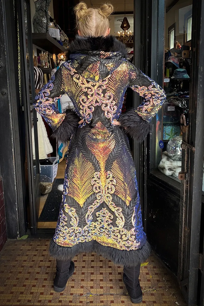 Deluxe Tamo Coat: Multi Athena Sequin   Black Faux Fur Trim