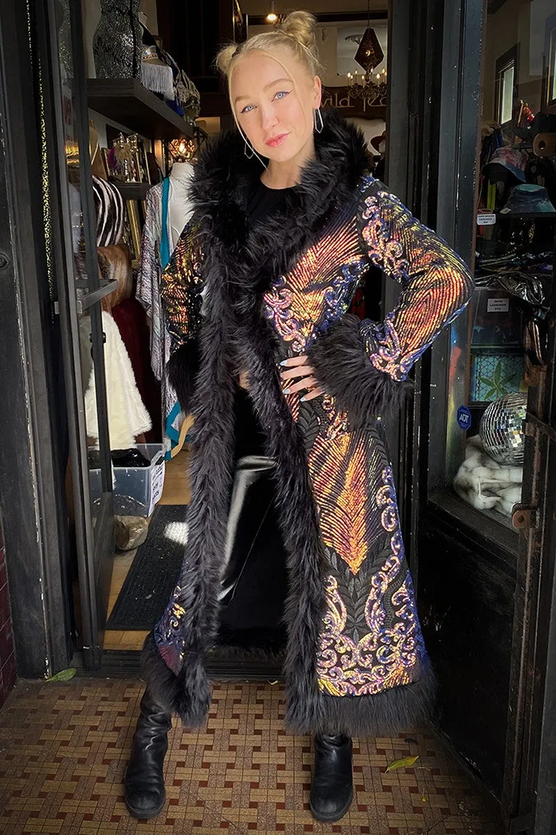 Deluxe Tamo Coat: Multi Athena Sequin   Black Faux Fur Trim