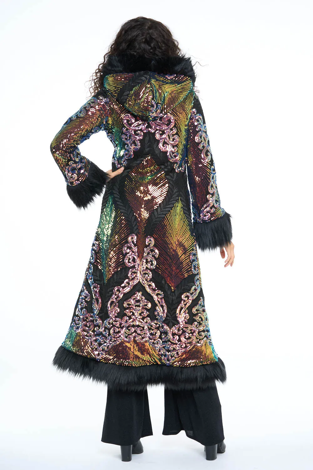 Deluxe Tamo Coat: Multi Athena Sequin   Black Faux Fur Trim