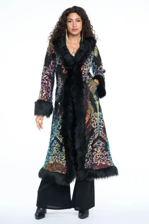 Deluxe Tamo Coat: Multi Athena Sequin   Black Faux Fur Trim