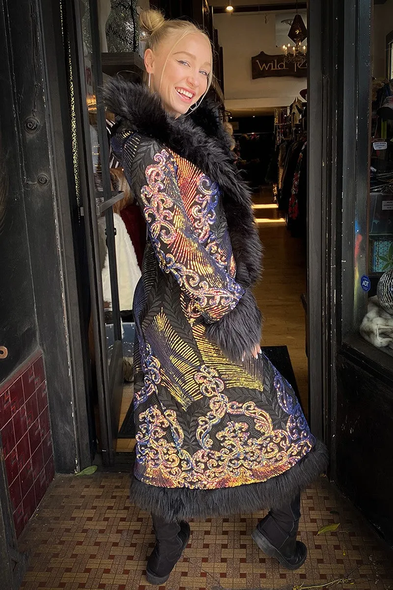 Deluxe Tamo Coat: Multi Athena Sequin   Black Faux Fur Trim
