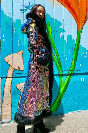 Deluxe Tamo Coat: Multi Color Nouveau Sequin   Black Faux Fur Trim