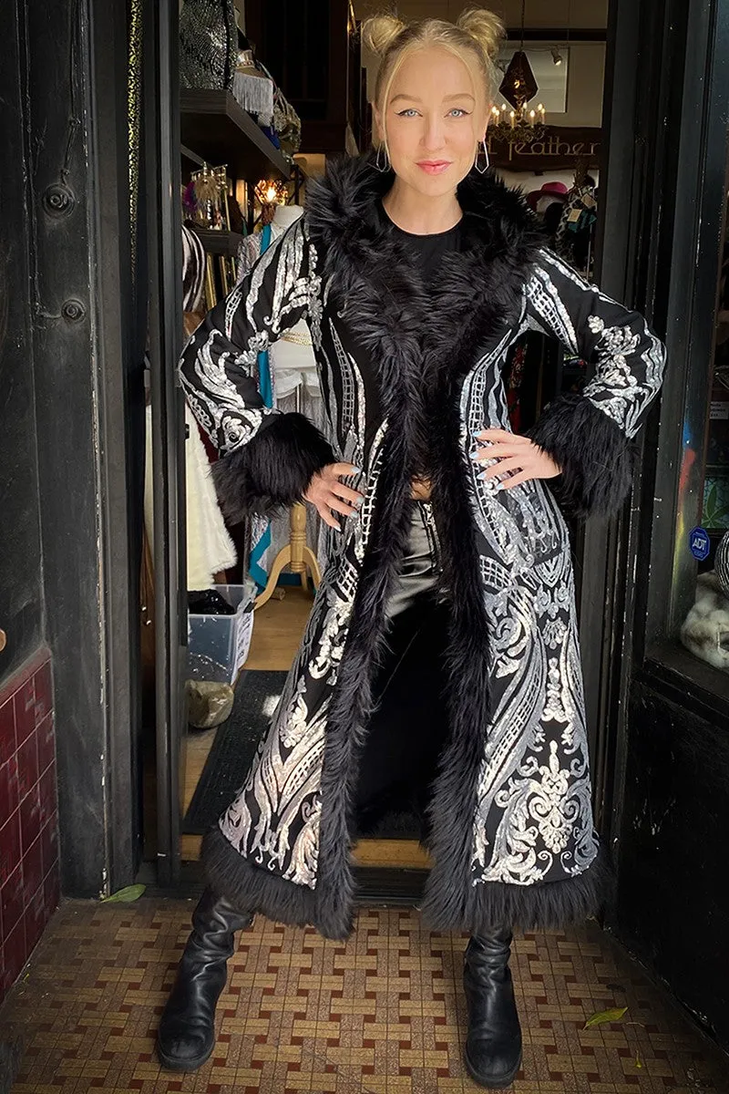 Deluxe Tamo Coat: Silver Baroque Sequin   Black Faux Fur Trim