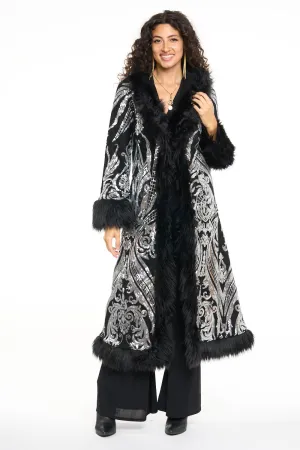 Deluxe Tamo Coat: Silver Baroque Sequin   Black Faux Fur Trim