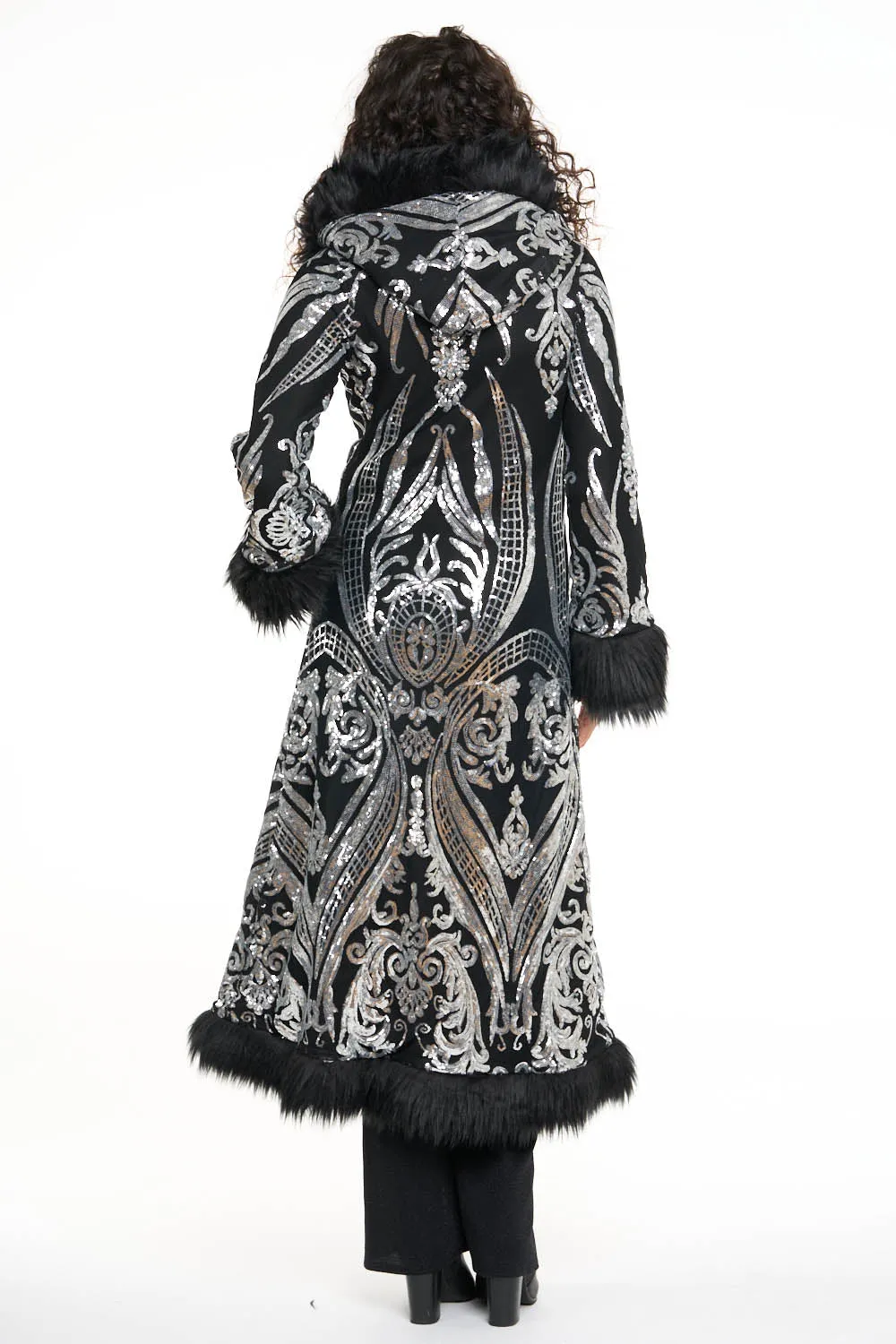 Deluxe Tamo Coat: Silver Baroque Sequin   Black Faux Fur Trim