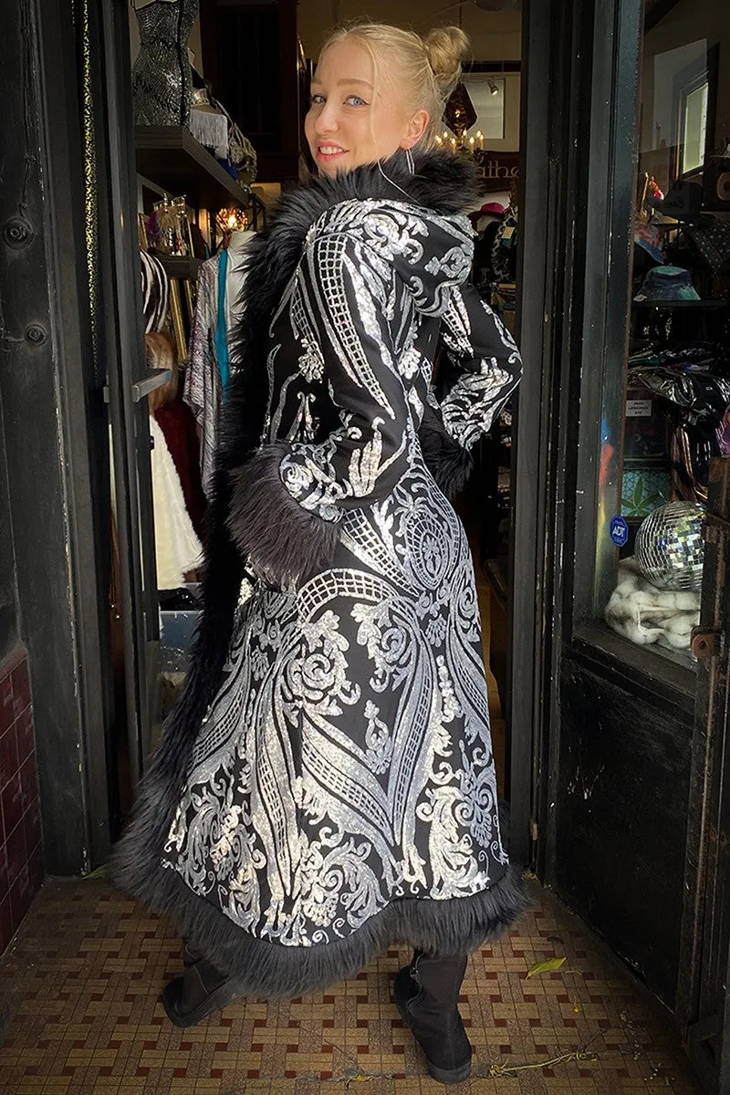 Deluxe Tamo Coat: Silver Baroque Sequin   Black Faux Fur Trim