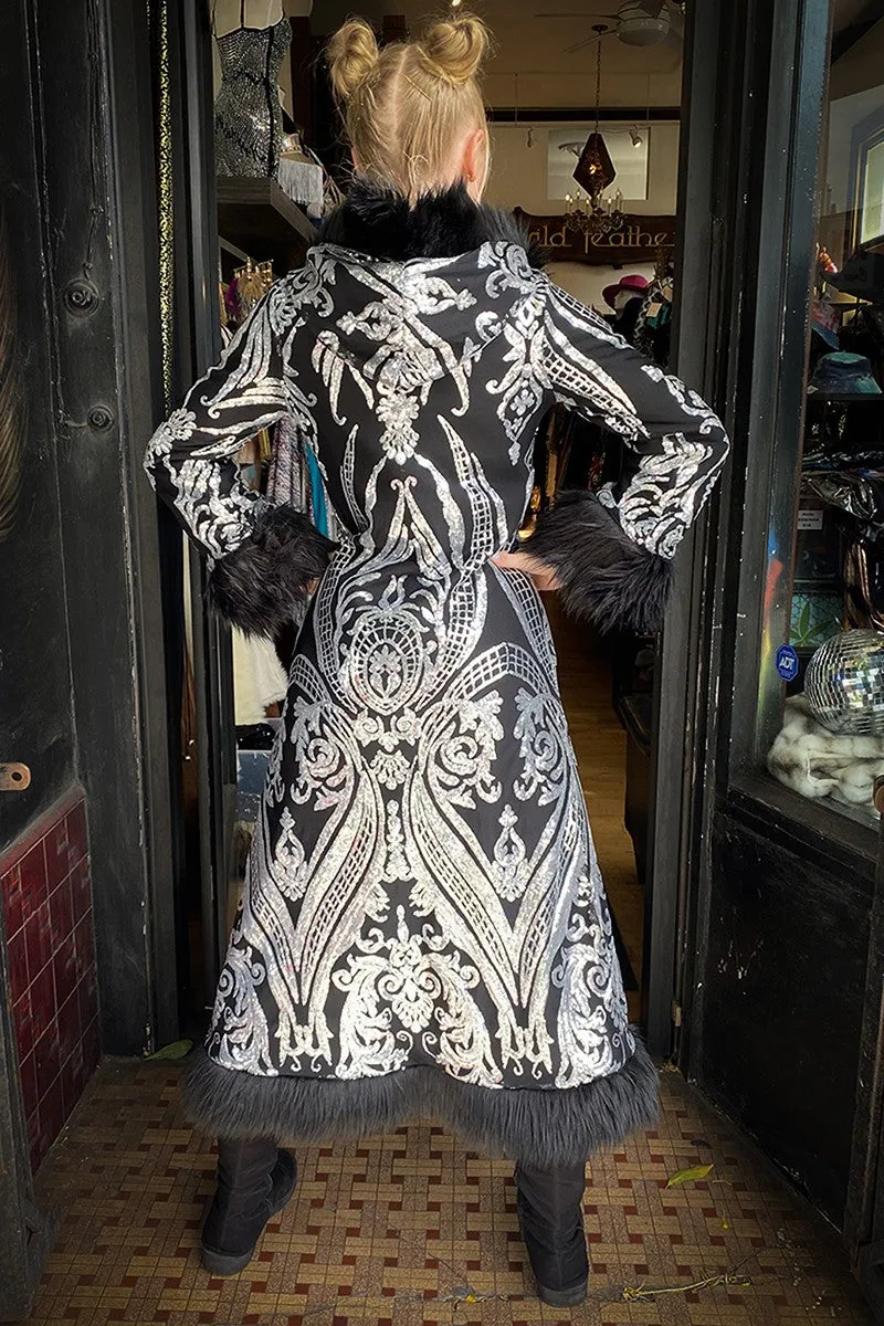 Deluxe Tamo Coat: Silver Baroque Sequin   Black Faux Fur Trim