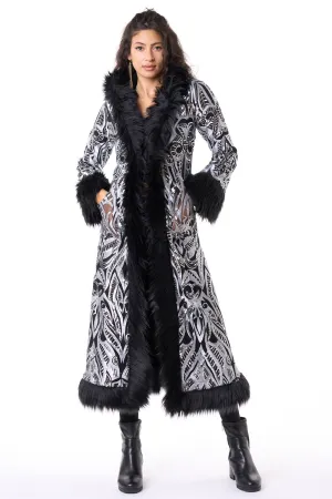 Deluxe Tamo Coat: Silver Phoenix Sequin   Black Faux Fur Trim