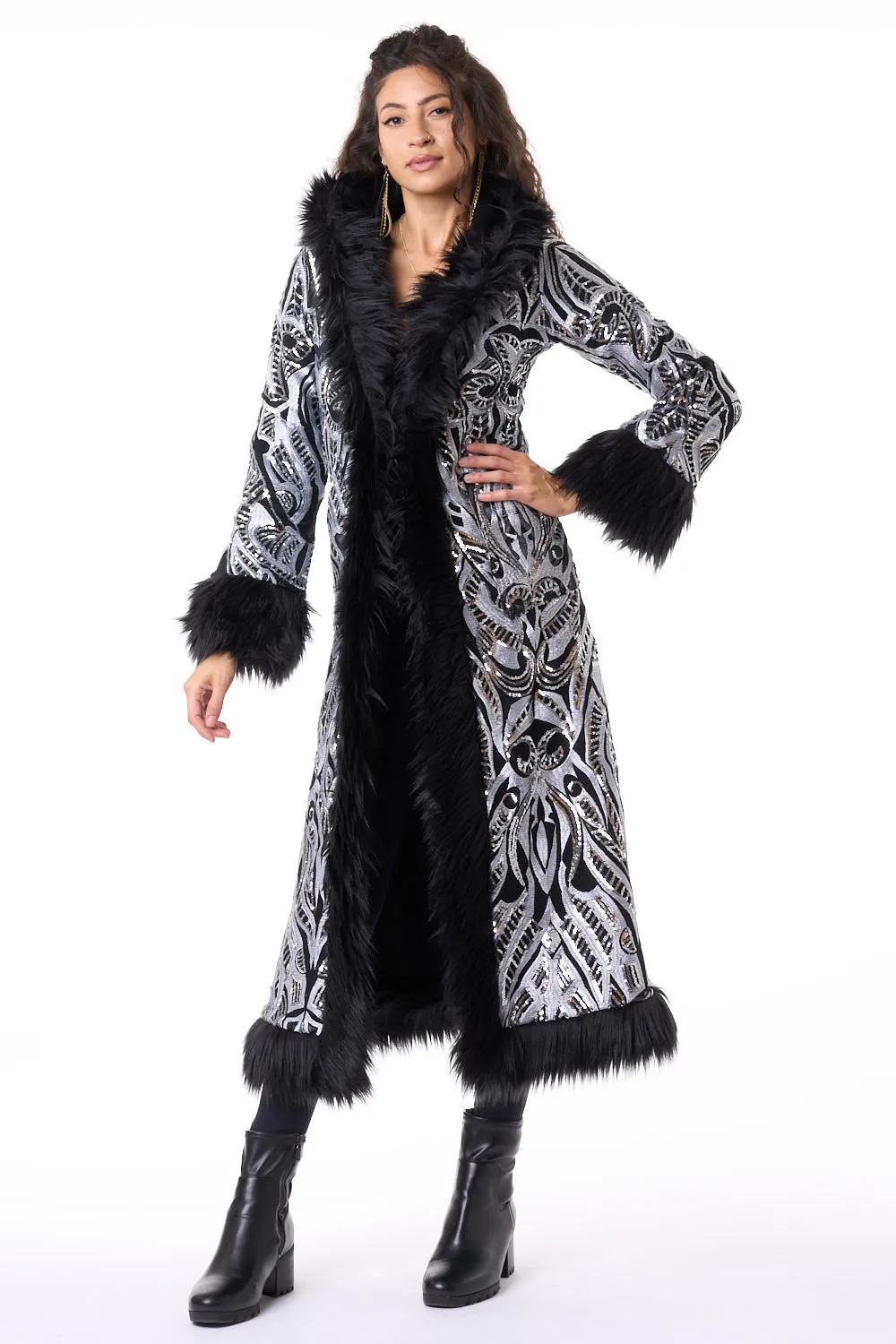 Deluxe Tamo Coat: Silver Phoenix Sequin   Black Faux Fur Trim