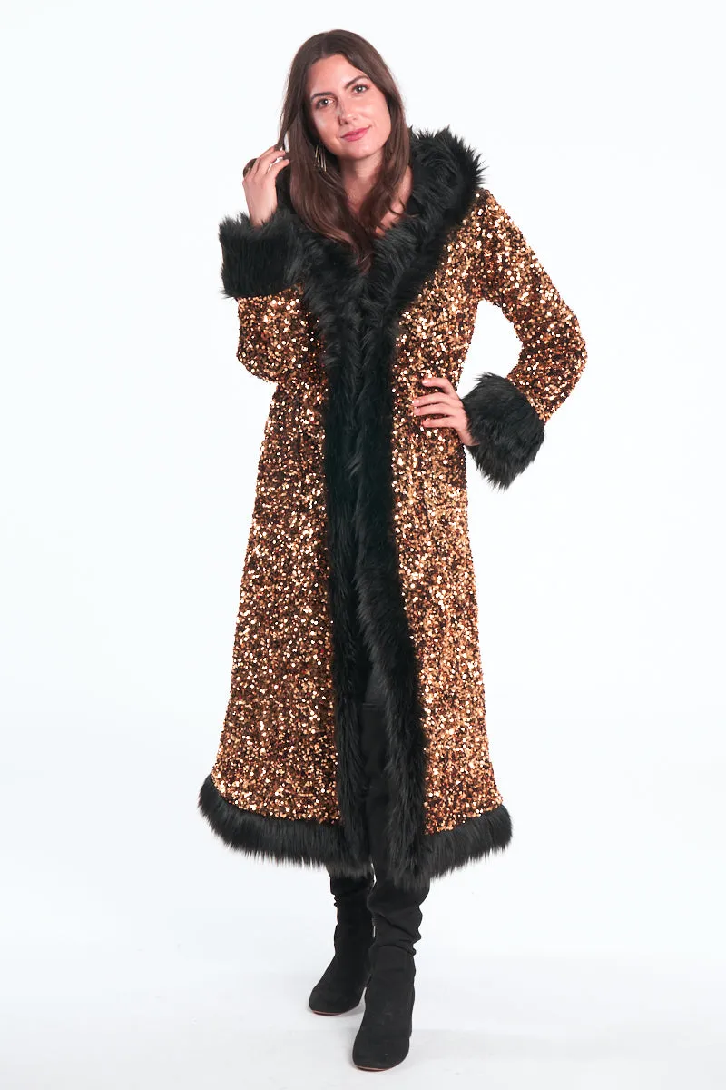 Deluxe Tamo Coat:  Solid Gold Sequin   Black Faux Fur Trim
