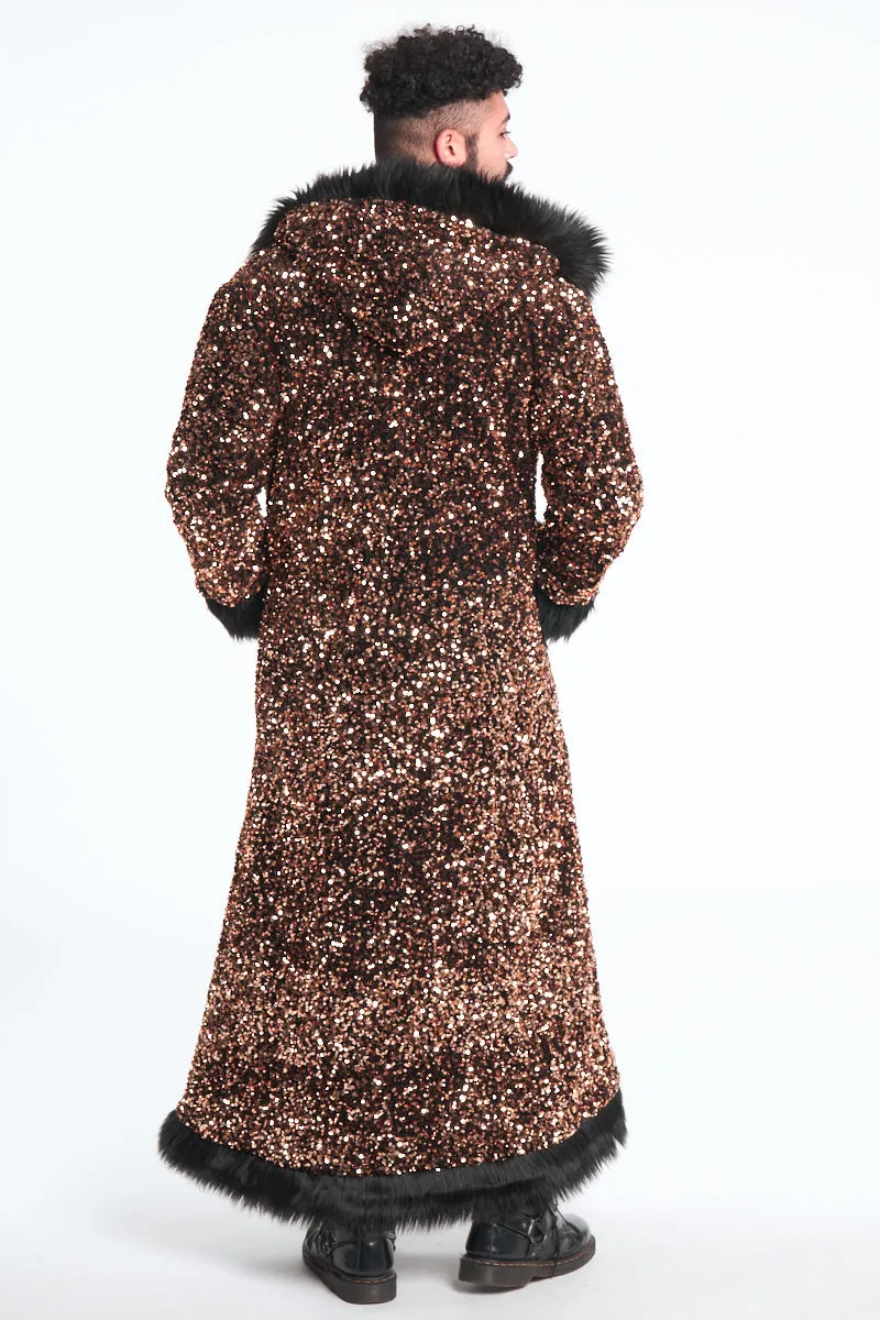 Deluxe Tamo Coat:  Solid Gold Sequin   Black Faux Fur Trim