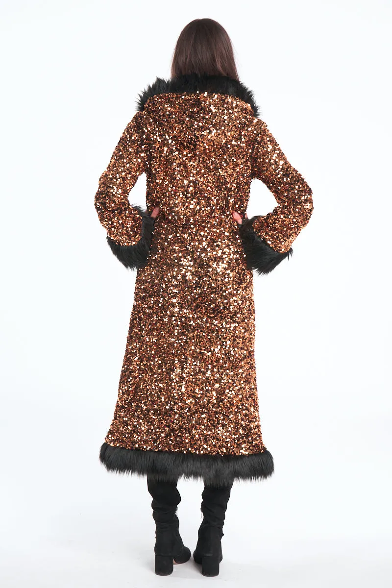 Deluxe Tamo Coat:  Solid Gold Sequin   Black Faux Fur Trim