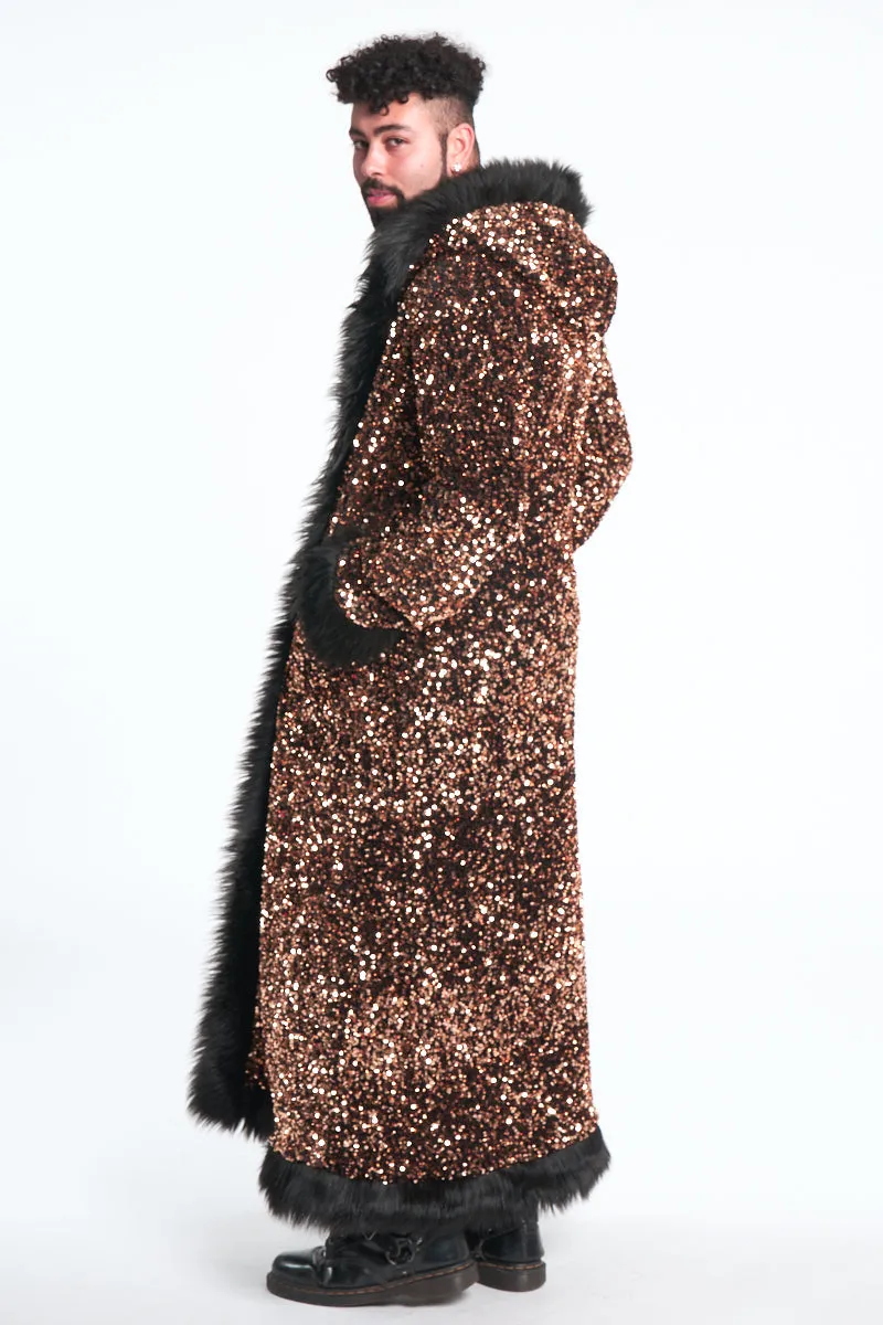 Deluxe Tamo Coat:  Solid Gold Sequin   Black Faux Fur Trim