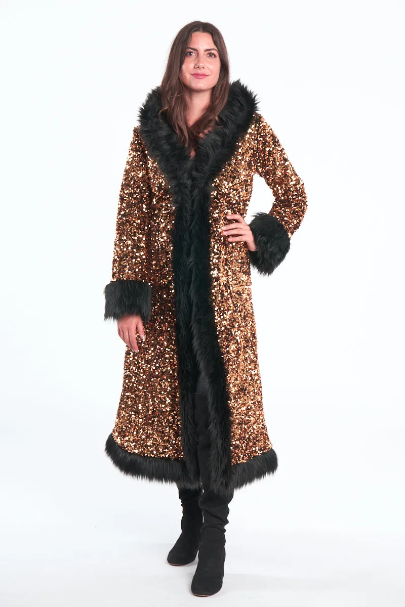Deluxe Tamo Coat:  Solid Gold Sequin   Black Faux Fur Trim
