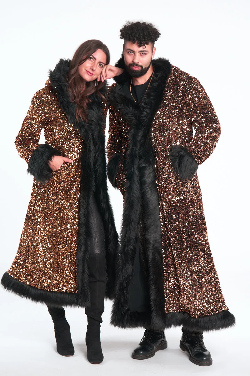 Deluxe Tamo Coat:  Solid Gold Sequin   Black Faux Fur Trim