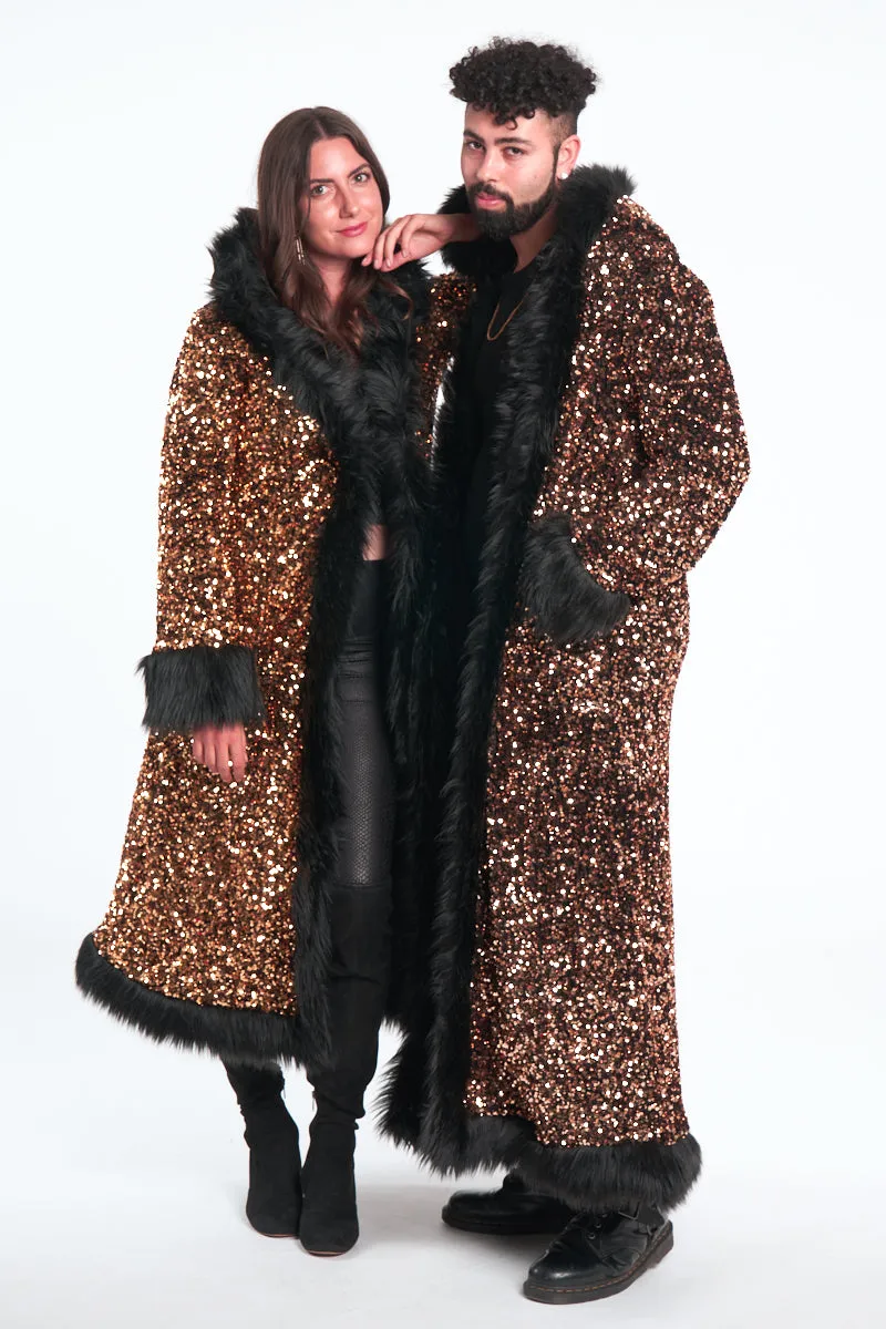 Deluxe Tamo Coat:  Solid Gold Sequin   Black Faux Fur Trim