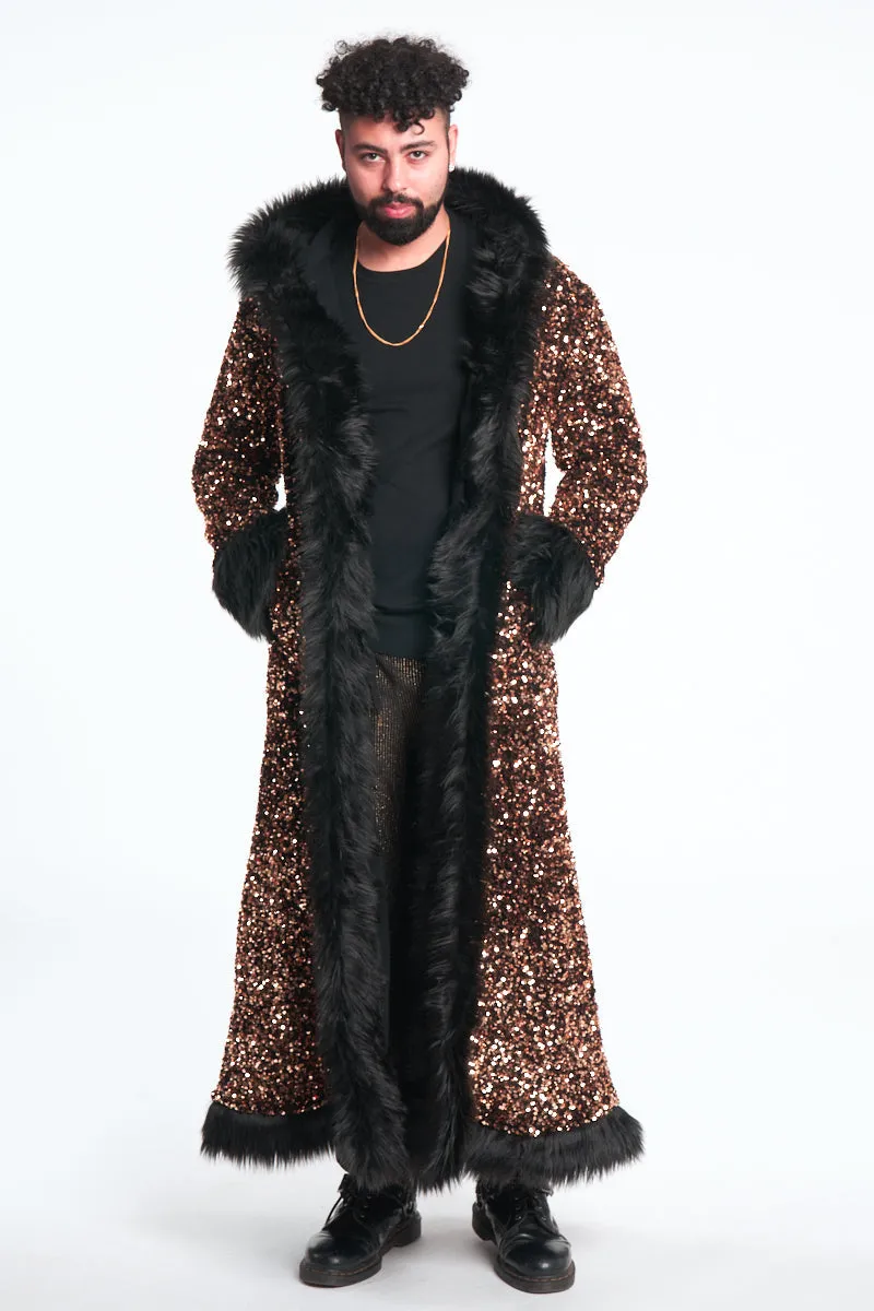 Deluxe Tamo Coat:  Solid Gold Sequin   Black Faux Fur Trim