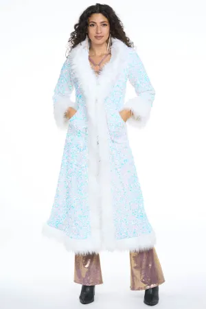 Deluxe Tamo Coat: Unicorn Starlight Sequin   White Faux Fur Trim