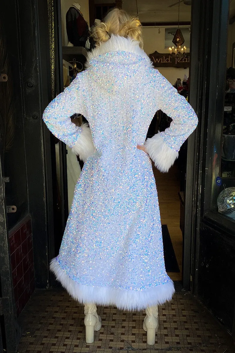 Deluxe Tamo Coat: Unicorn Starlight Sequin   White Faux Fur Trim