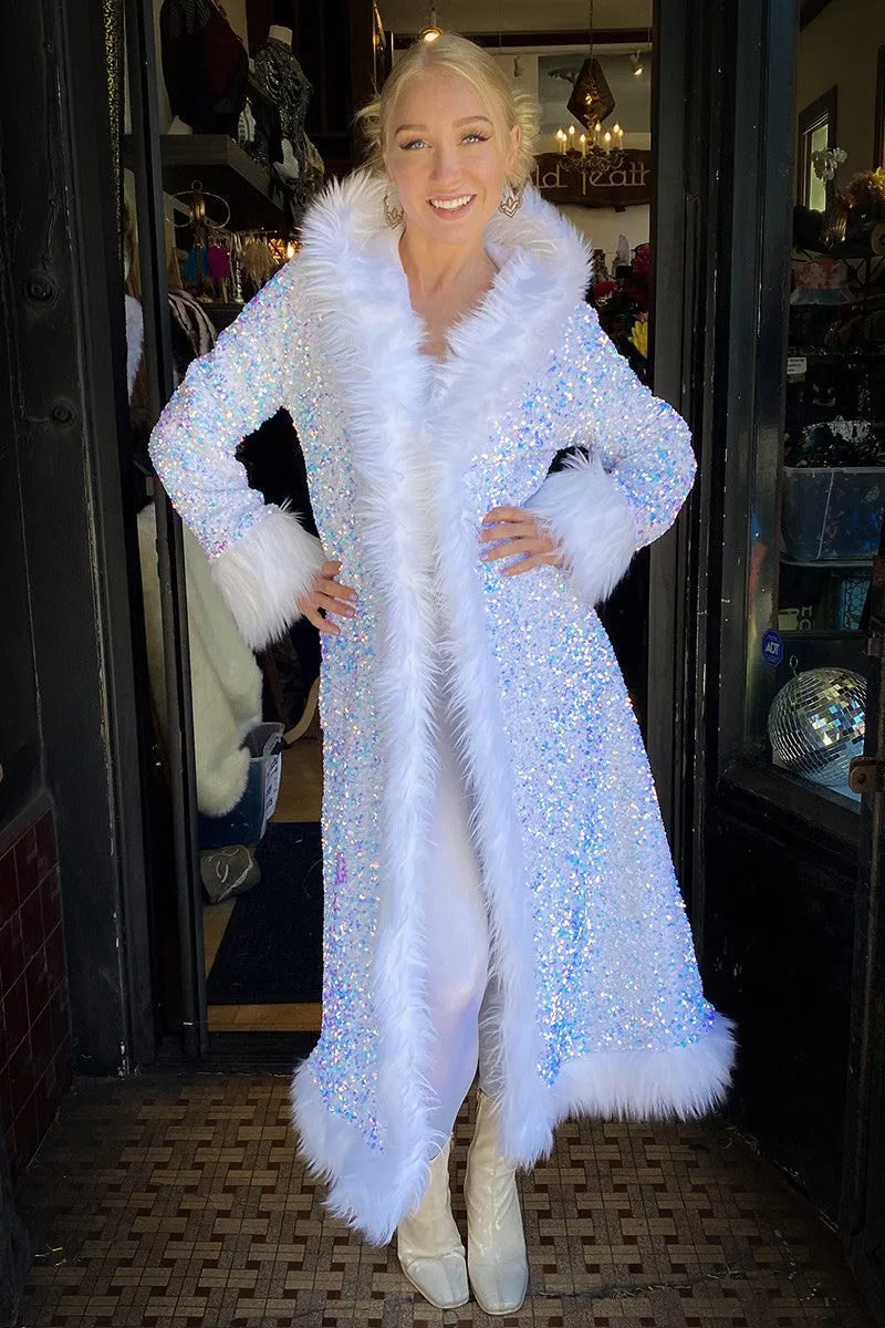 Deluxe Tamo Coat: Unicorn Starlight Sequin   White Faux Fur Trim
