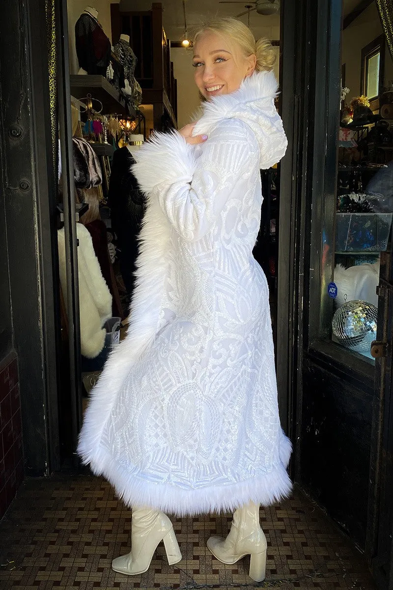 Deluxe Tamo Coat: White Baroque Sequin   White Faux Fur Trim