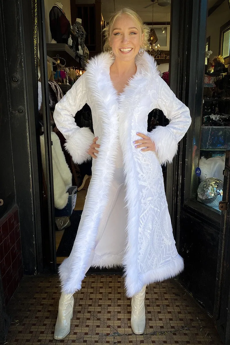 Deluxe Tamo Coat: White Baroque Sequin   White Faux Fur Trim