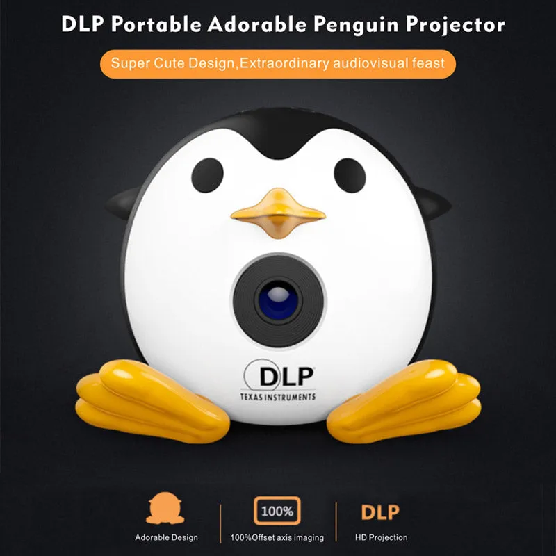 DLP Mini Projector - Penguin Design, DLP Technology, 40 Lumens, 1080p Support, Built-In 8W Speaker, 950mAh