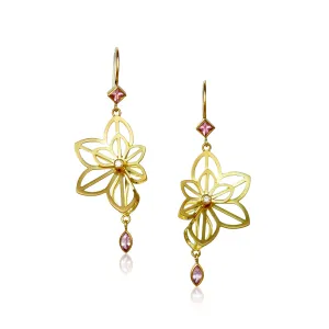 double fold anise earrings in 18k gold with diamonds, tourmalines, and sapphires