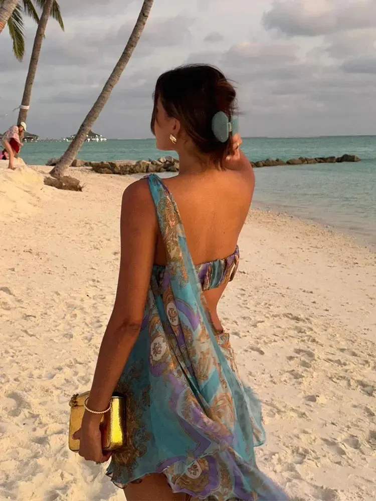 Elegant White One Shoulder Cut Out Bikini Mini Dress Women's Fashion Backless Vest Robes Sexy Vacation Beach Dress