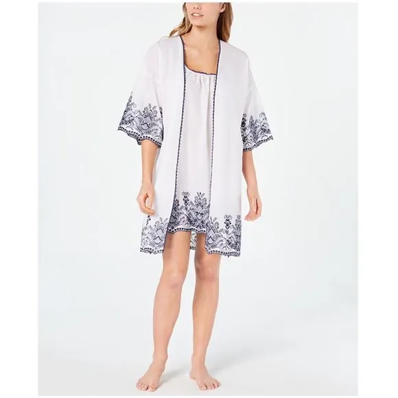 Embroidered Cotton Chemise Nightgown  Wrap Set NWT