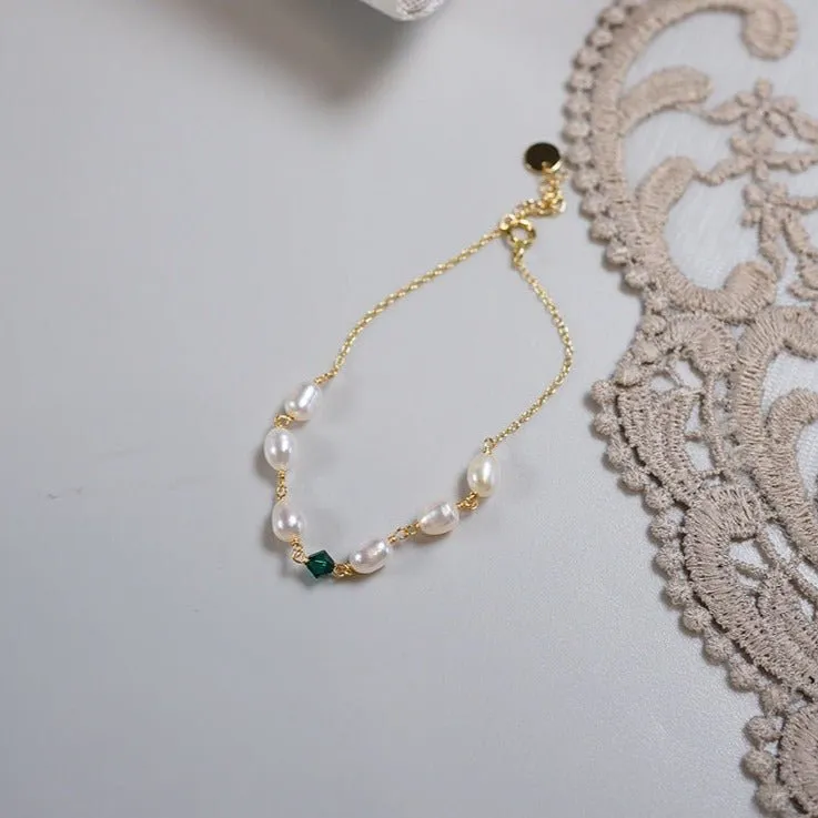 Emerald Pearl Bracelet - Sharon (Solid Silver)