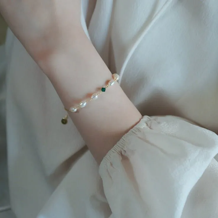 Emerald Pearl Bracelet - Sharon (Solid Silver)