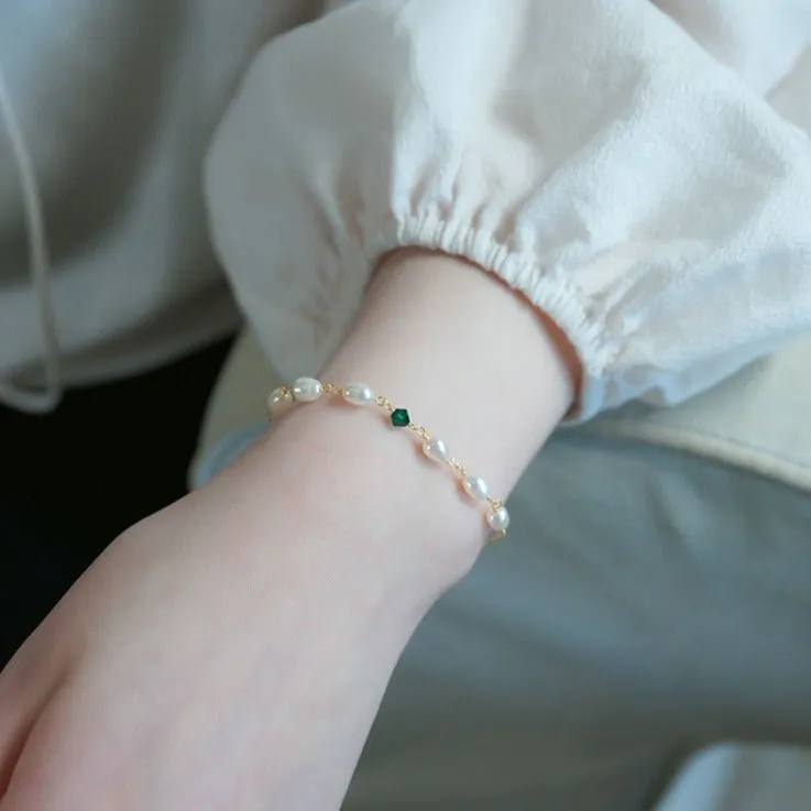 Emerald Pearl Bracelet - Sharon (Solid Silver)