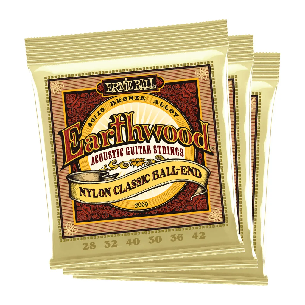 Ernie Ball Earthwood Folk Nylon, Clear and Gold w/Ball End, 8020 Brnz Ac Gtr Strings 3 Pk 28 42