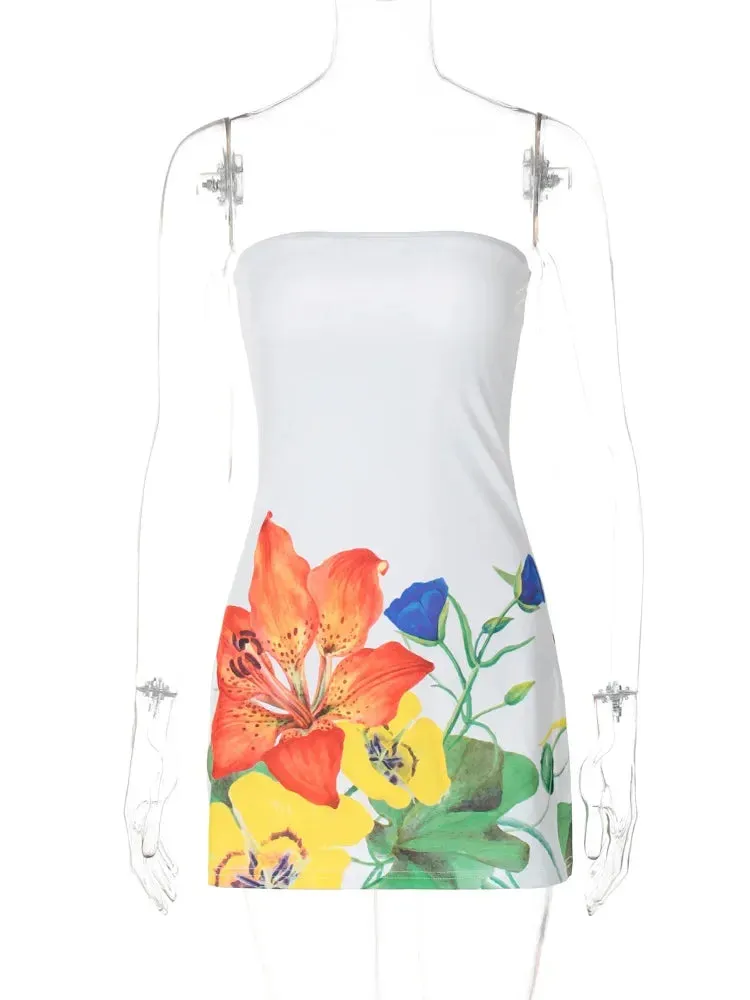 Floral Print Sleeveless Mini Dress Y2K New Streetwear Fashion Casual Strapless Backless Slim Beach Holiday Dresses