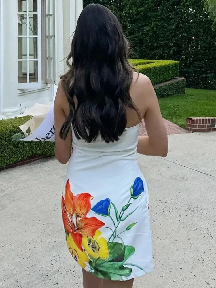 Floral Print Sleeveless Mini Dress Y2K New Streetwear Fashion Casual Strapless Backless Slim Beach Holiday Dresses