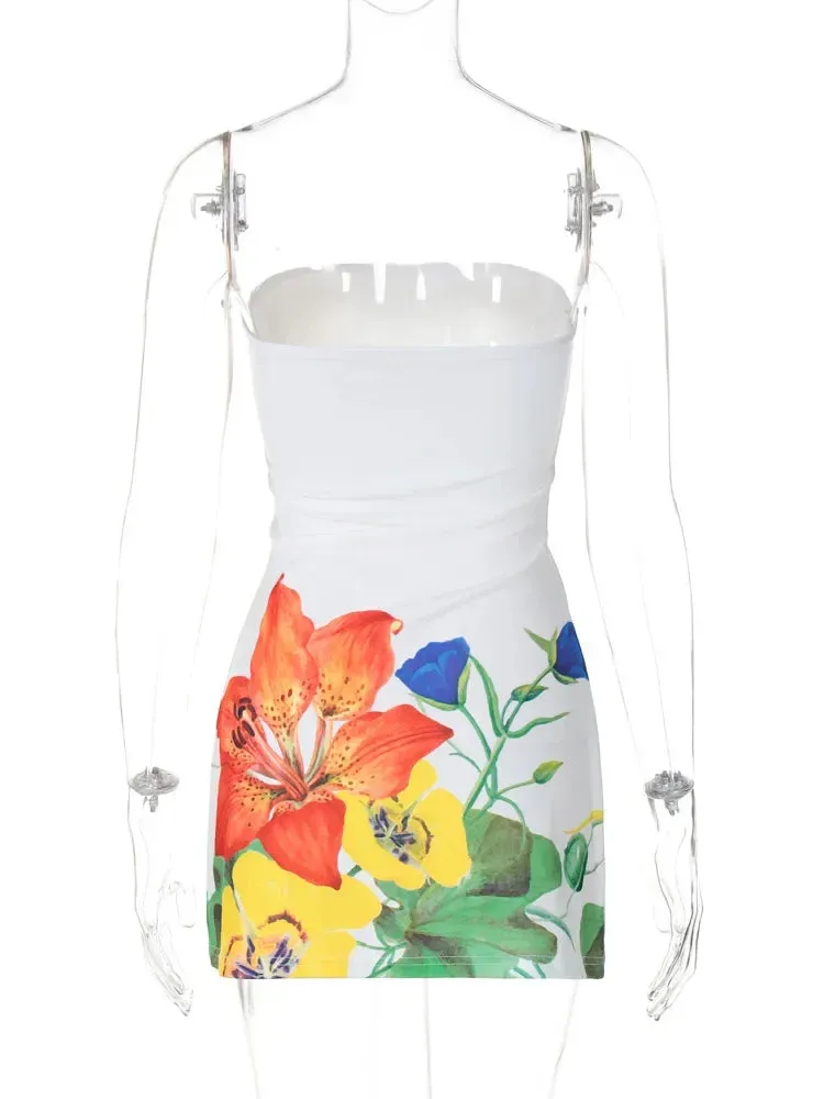Floral Print Sleeveless Mini Dress Y2K New Streetwear Fashion Casual Strapless Backless Slim Beach Holiday Dresses
